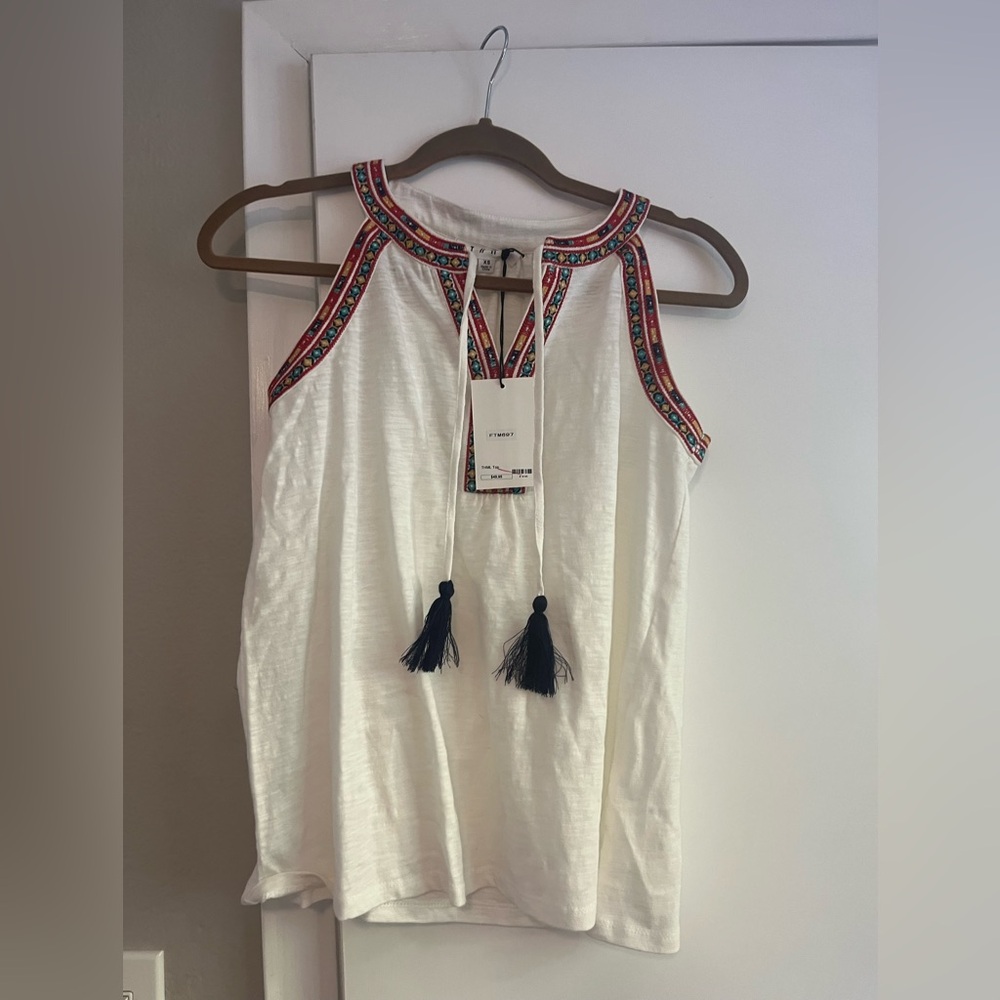 New with tags! Embroidered Sleeveless Top - White with Tassel Tie. Brand THML.